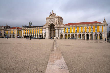 LISBON, PORTUGAL: Panoramic image of the central square Praca do Comercio, landmark of Lisbon on January 31, 2020 in Portugalのeditorial素材