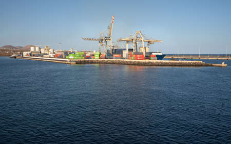 ARRECIFE, SPAIN - JANUARY 28, 2020: Port of Arrecife in evening light on January 28, 2020 in...