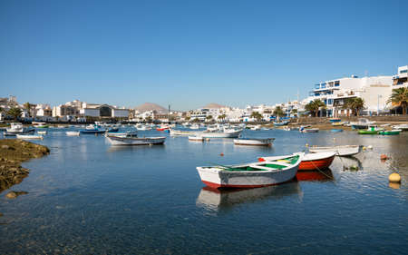 ARRECIFE, SPAIN - JANUARY 28, 2020: Panoramic image of the marina of Arrecife on a sunny day with clear sky on January 28, 2020 in Lanzarote, Spainのeditorial素材