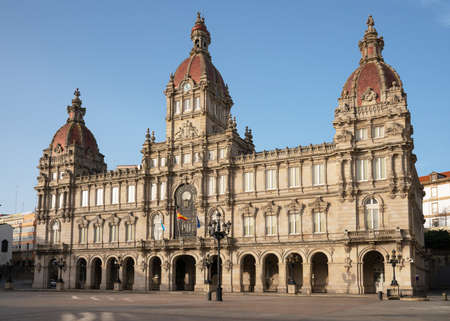 A CORUNA, SPAIN - FEBRUARY 2, 2020: Townhall, historic buildings of A Coruna on February 2, 2020 in Galicia, Spainのeditorial素材