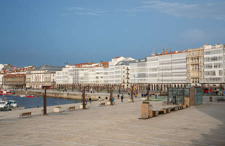 A CORUNA, SPAIN - FEBRUARY 2, 2020: Panoramic image of the harbour waterfront in the downtown of A...