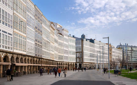 A CORUNA, SPAIN - FEBRUARY 2, 2020: Panoramic image of the harbour waterfront in the downtown of A...