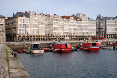 A CORUNA, SPAIN - FEBRUARY 2, 2020: Panoramic image of the harbour waterfront in the downtown of A Coruna, capital of Galicia on February 2, 2020 in Spainのeditorial素材