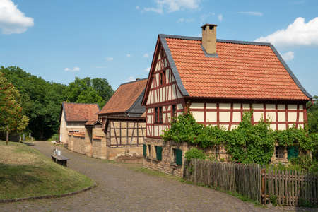 BAD SOBERNHEIM, GERMANY - JUNE 26, 2020: Panoramic image of old half-timber houses, village outdoor...