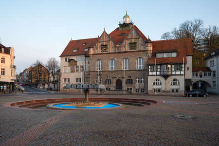 BERGISCH GLADBACH, GERMANY - APRIL 7, 2020: Panoramic image of the townhall of Bergisch Gladbach at sunrise on April 7, 2020 in Germanyのeditorial素材