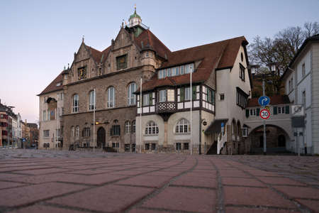 BERGISCH GLADBACH, GERMANY - APRIL 7, 2020: Panoramic image of the townhall of Bergisch Gladbach at sunrise on April 7, 2020 in Germanyのeditorial素材