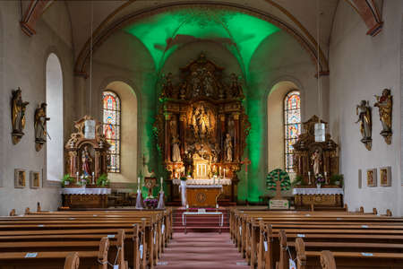 WINTERBERG, GERMANY - JUNE 10, 2020: View throught the main aisle of the parish church Saint Jakobus on June 10, 2020 in Winterberg, Germanyのeditorial素材