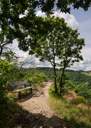 Hiking trail with bench under trees close to Bernkastel, Moselle, Germanyの写真素材