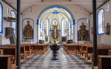 ZELTINGEN, GERMANY - JUNE 17, 2020: View into the parish church of Saint Stephanus on June 17, 2020 in Zeltingen, Germanyのeditorial素材