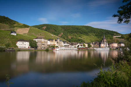 Panoramic image of Bernkastel close to the Moselle river at sunset, Germanyの写真素材