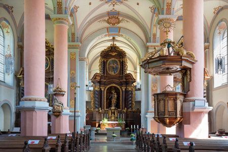 BEILSTEIN, GERMANY - JUNE 21, 2020: View throught the main aisle of the Carmelite church Saint Josef on June 21, 2020 in Beilstein, Moselle, Germanyのeditorial素材