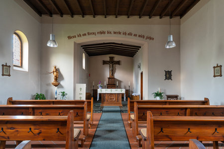 ODENTHAL, GERMANY - JULY 17, 2020: View throught the main aisle of the Parish church of Klasmuehle on July 17, 2020 in Odenthal, Germanyのeditorial素材