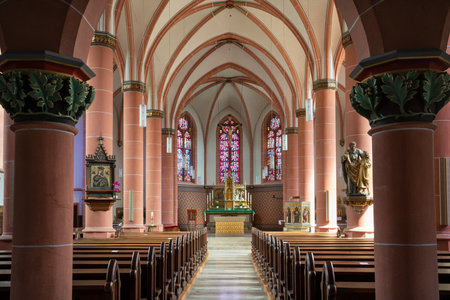 BERNKASTEL, GERMANY - JUNE 16, 2020: View throught the main aisle of the parish church Saint Agatha on June 16, 2020 in Bernkastel-Wehlen, Moselle, Germanyのeditorial素材