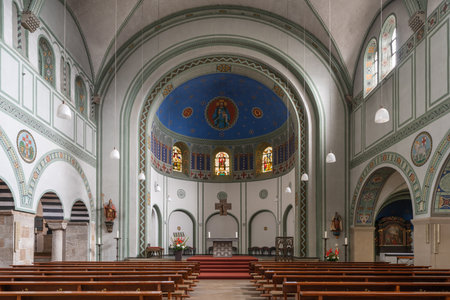 BERGISCH GLADBACH, GERMANY - JULY 16, 2020: View throught the main aisle of the Parish church Saint Clemens on July 16, 2020 in Bergisch Gladbach, Germanyのeditorial素材