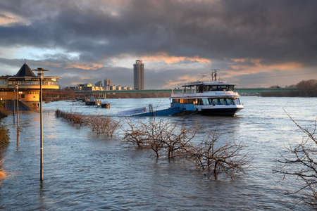 COLOGNE, GERMANY - FEBRUARY 4, 2021: High water on the river Rhine in Cologne on February 4, 2021 in Germanyのeditorial素材