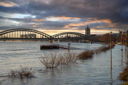 COLOGNE, GERMANY - FEBRUARY 4, 2021: High water on the river Rhine in Cologne on February 4, 2021 in Germanyのeditorial素材