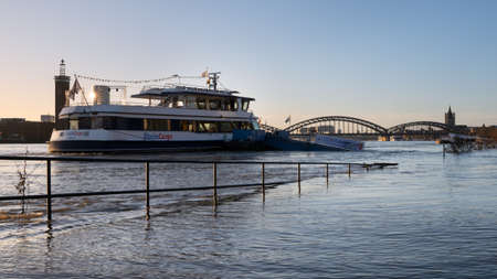 COLOGNE, GERMANY - FEBRUARY 4, 2021: High water on the river Rhine in Cologne on February 4, 2021 in Germanyのeditorial素材