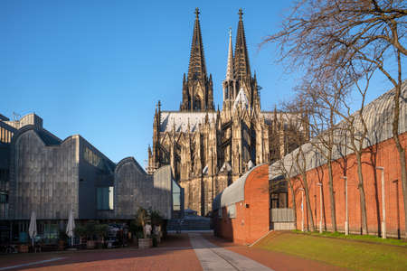 COLOGNE, GERMANY - FEBRUARY 4, 2021: Downtown district of Cologne during sunrise on February 4, 2021 in Germanyのeditorial素材
