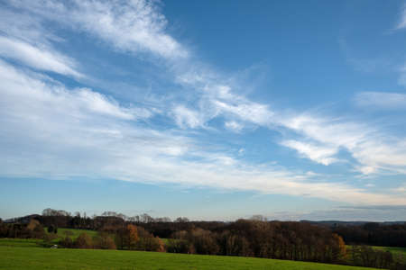 Panoramic image of scenic view on a fair weather day, Bergisches Land, Odenthal, Germanyの写真素材