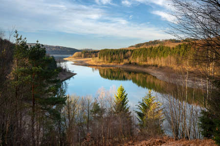 Panoramic image of Dhunn water reservoir at sunrise, Bergisches Land, Germanyの写真素材