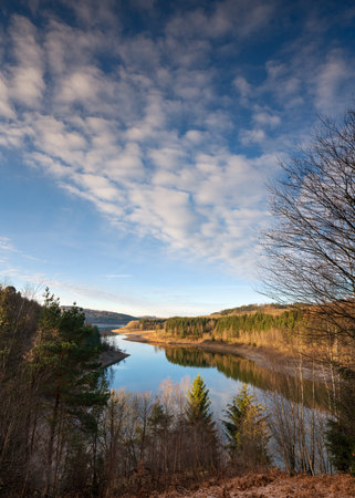 Panoramic image of Dhunn water reservoir at sunrise, Bergisches Land, Germanyの写真素材