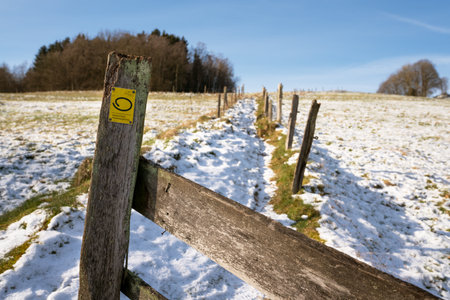 LINDLAR, GERMANY - FEBRUARY 14, 2021: Long distance hiking trail Bergischer Panoramasteig during winter with focus on the typical waymark on February 14, 2021 in Germanyのeditorial素材