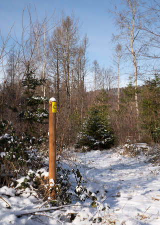 LINDLAR, GERMANY - FEBRUARY 14, 2021: Long distance hiking trail Bergischer Panoramasteig during winter with focus on the typical waymark on February 14, 2021 in Germanyのeditorial素材