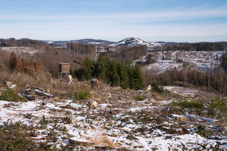 Panoramic image of the snow covered landscape close to Lindlar on a winter day, Bergisches Land, Germanyの写真素材