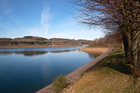 Panoramic image of Dhunn water reservoir, Bergisches Land, Germanyの写真素材