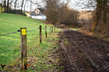 KURTEN, GERMANY - MARCH 6, 2021: Long distance hiking trail Bergischer Panoramasteig with focus on the typical waymark on March 6, 2021 in Germanyのeditorial素材