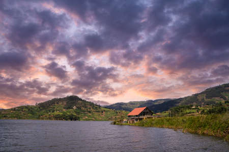 Panoramic image of Lake Bunyonyi, Uganda, Africaの写真素材