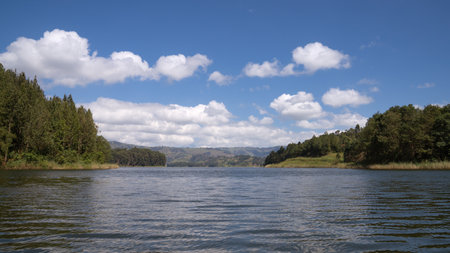Panoramic image of Lake Bunyonyi, Uganda, Africaの写真素材