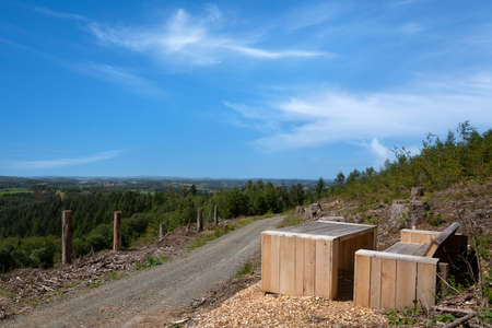 Long distance hiking trail Bergischer Panoramasteig, panoramic image with bench at a viewpoint, Bergisches Land, Germanyの写真素材