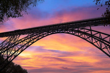 Panoramic image of landmark Mungstener Bridge at sunset, Bergisches Land, Solingen, Germanyの写真素材