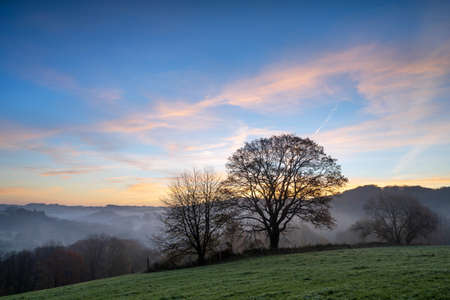 Panoramic image of scenic view on a foggy morning, Bergisches Land, Odenthal, Germanyの写真素材