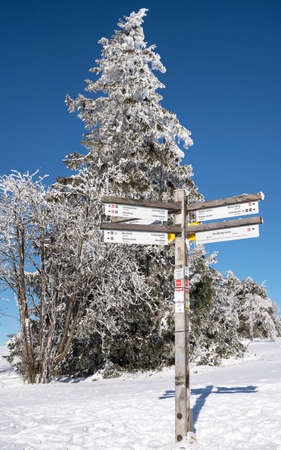 WINTERBERG, GERMANY - FEBRUARY 13, 2021: Hiking trail during winter with focus on the waymark on February 13, 2021 in Winterberg, Sauerland, Germanyのeditorial素材