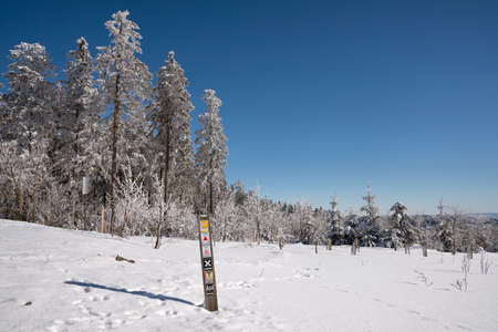WINTERBERG, GERMANY - FEBRUARY 13, 2021: Hiking trail during winter with focus on the waymark on February 13, 2021 in Winterberg, Sauerland, Germanyのeditorial素材