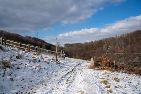 Hiking trail during winter, Bergisches Land, Germanyの写真素材
