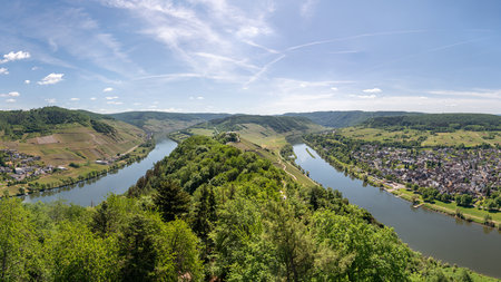 PUENDERICH, GERMANY - MAY 22, 2022: Panoramic view to the village Puenderich with Moselle river on May 22, 2022 in Germanyのeditorial素材