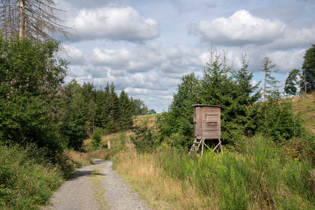 Panoramic image of deerstand within the landscape of Bergisches Land, Germanyの写真素材