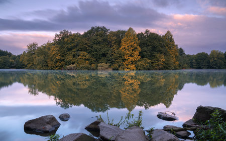 Panoramic image of beautiful and idyllic Bensberg Lake, Bergisch Gladbach, Germanyの写真素材