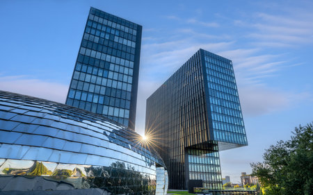 DUSSELDORF, GERMANY - SEPTEMBER 29, 2022: Panoramic image of modern buildings in the media harbor of Dusseldorf on September 29, 2022 in Germany, Europeのeditorial素材