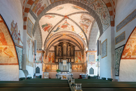 LIEBERHAUSEN, GERMANY - JUNE 16, 2022: View throught the main aisle of the Lieberhausen church on June 16, 2022 in Bergisches Land, Germanyのeditorial素材