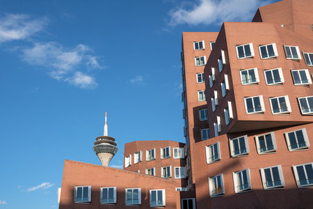 DUSSELDORF, GERMANY - SEPTEMBER 29, 2022: Panoramic image of modern buildings in the media harbor of Dusseldorf on September 29, 2022 in Germany, Europeのeditorial素材