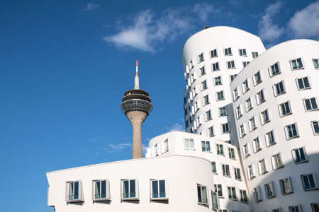 DUSSELDORF, GERMANY - SEPTEMBER 29, 2022: Panoramic image of modern buildings in the media harbor of Dusseldorf on September 29, 2022 in Germany, Europeのeditorial素材