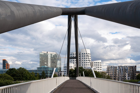 DUSSELDORF, GERMANY - SEPTEMBER 8, 2022: Panoramic image of modern buildings in the media harbor of Dusseldorf on September 8, 2022 in Germany, Europeのeditorial素材