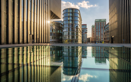 DUSSELDORF, GERMANY - SEPTEMBER 29, 2022: Panoramic image of modern buildings in the media harbor of Dusseldorf on September 29, 2022 in Germany, Europeのeditorial素材