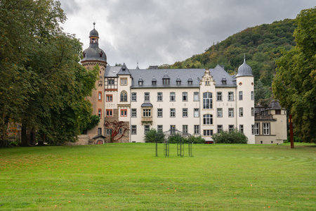 ANDERNACH, GERMANY - SEPTEMBER 27, 2021: Namedy castle close to Andernach during autumn season against cloudy sky on September 27, 2021 in Rhineland-Palatinate, Germanyのeditorial素材