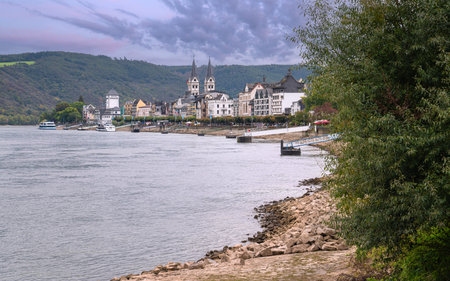BOPPARD, GERMANY - OCTOBER 2, 2021: Panoramic image of the riverside of Boppard close to the Rhine river on October 2, 2021 in the Rhine valley, Germanyのeditorial素材