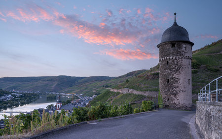ZELL, GERMANY - SEPTEMBER 12, 2022: Panoramic image of Zell with Moselle river on September 12, 2022 in Germanyのeditorial素材